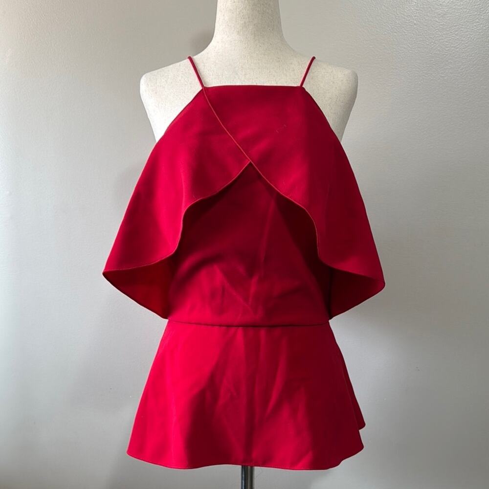 Christian Siriano Red Halter Camisole Top with Ruffled Asymmetrical Desi…